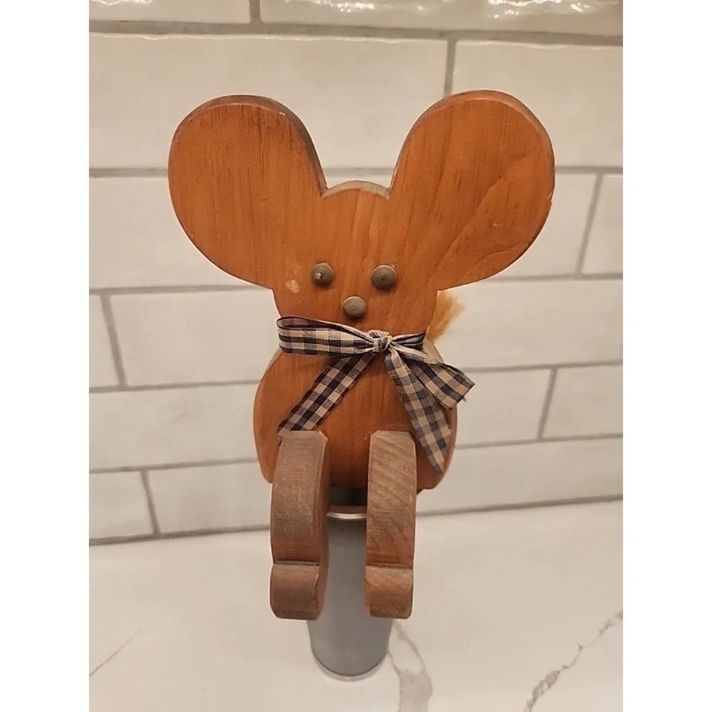 Vintage Mouse Wood Shelf Sitter Country Rustic Farmhouse Cottagecore W/Blue Bow